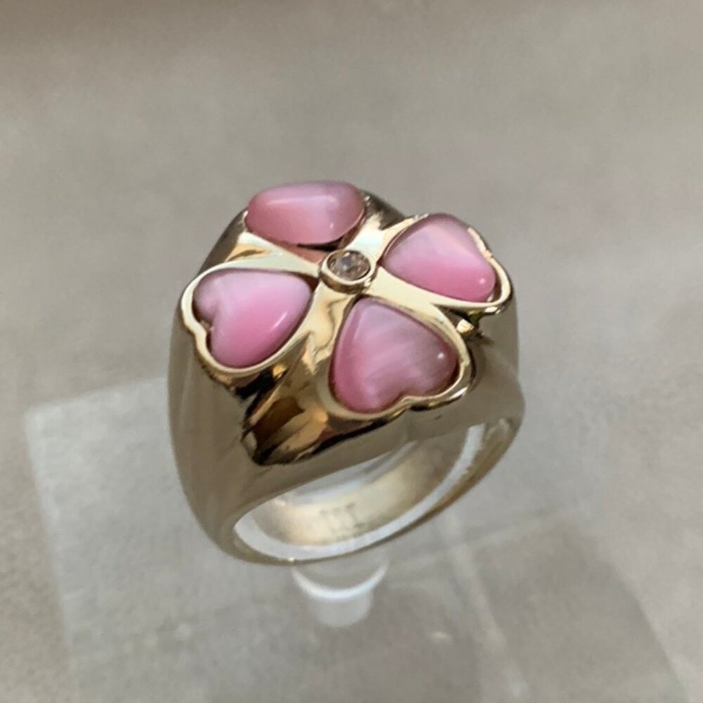 Dyrberg/Kern flower ring with pink cat's eye glass hearts and Swarovski …